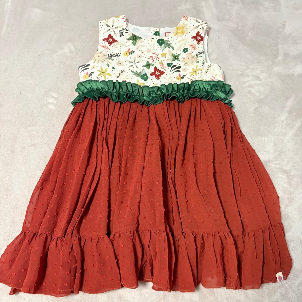 Cheeky Plum Floral Swiss Dot Dress Kids Rust Red Size 12Y Ruffle Holiday